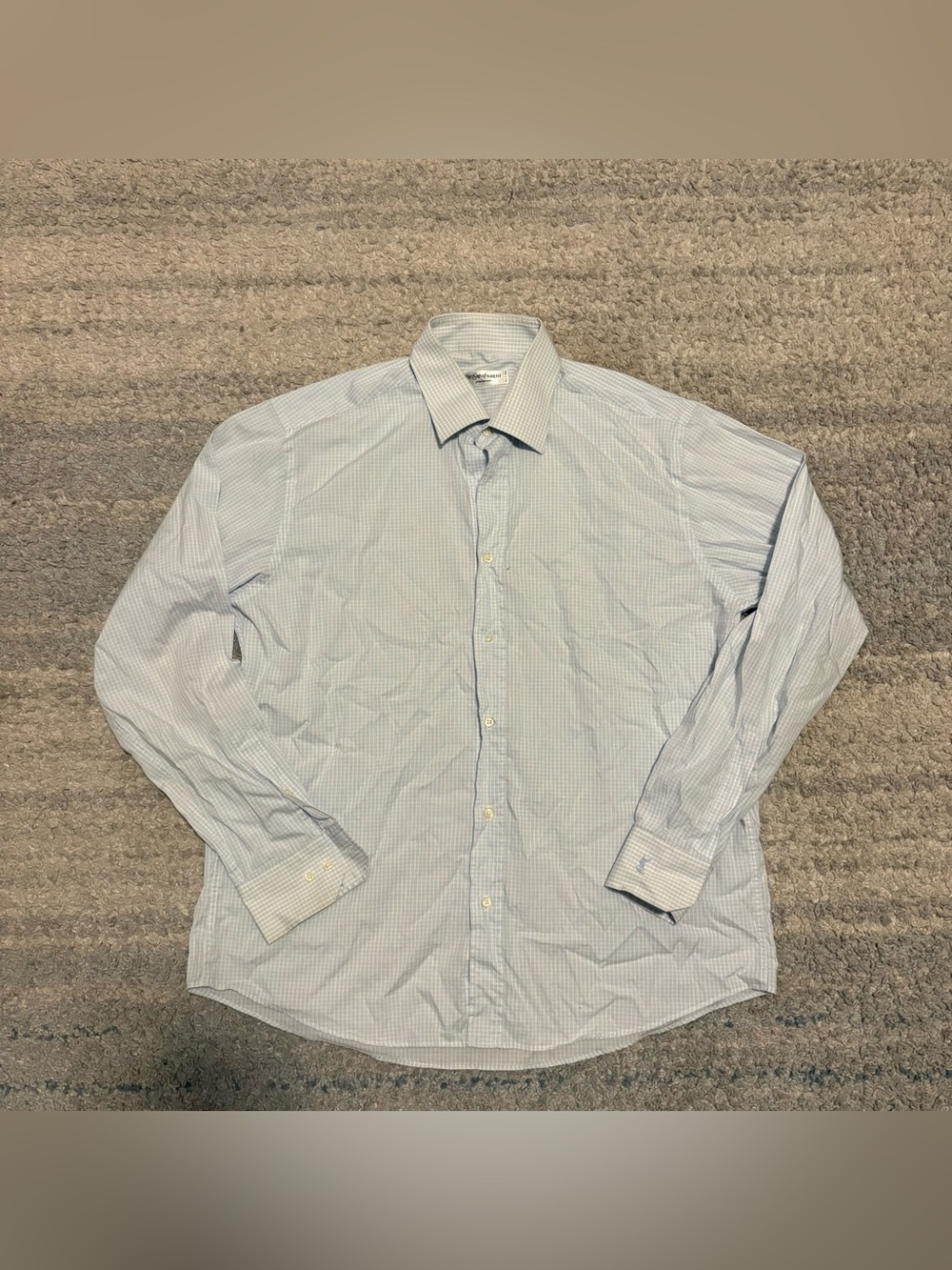 Vintage Yves Saint Laurent Pour Homme Light Blue Plaid Dress Shirt Made in Italy